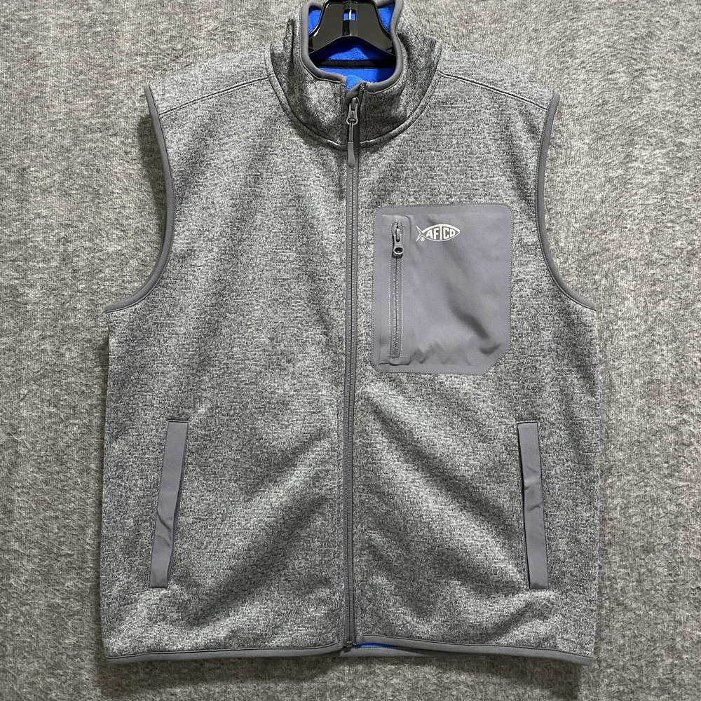 AFTCO AFTECH Vest Mens Small Gray Fleece Full‎ Zip Jacket Fishing Outdoor Hiking